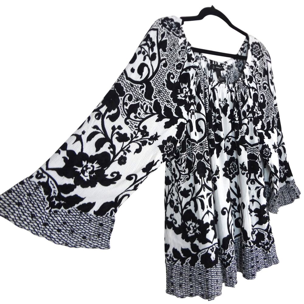 INC Black White Peasant Gauze Blouse Floral Boho Womens XL Summer Flowy Crinkle